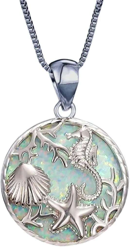 New For Trendy 2025 Fashion Cute Seahorse Sea Star Shell Pendant Necklace Inlay Imitation Blue Opal Pendant Necklace For Women Wedding Party Jewelry Fashion Accessories Creative Gift