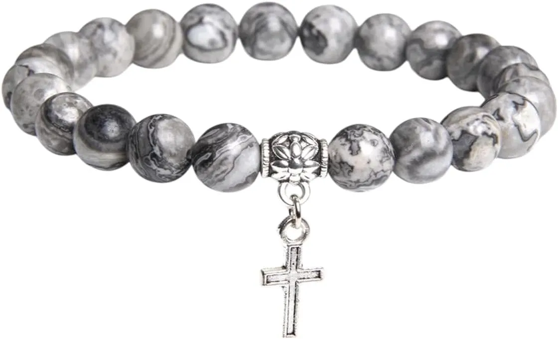 New For Trendy 2025 Men Beads Bracelet Slivers Color Cross Pendant Bracelet Natural Stone Bracelets Charm For Women Prayer Jewelry Fashion Accessories Creative Gift