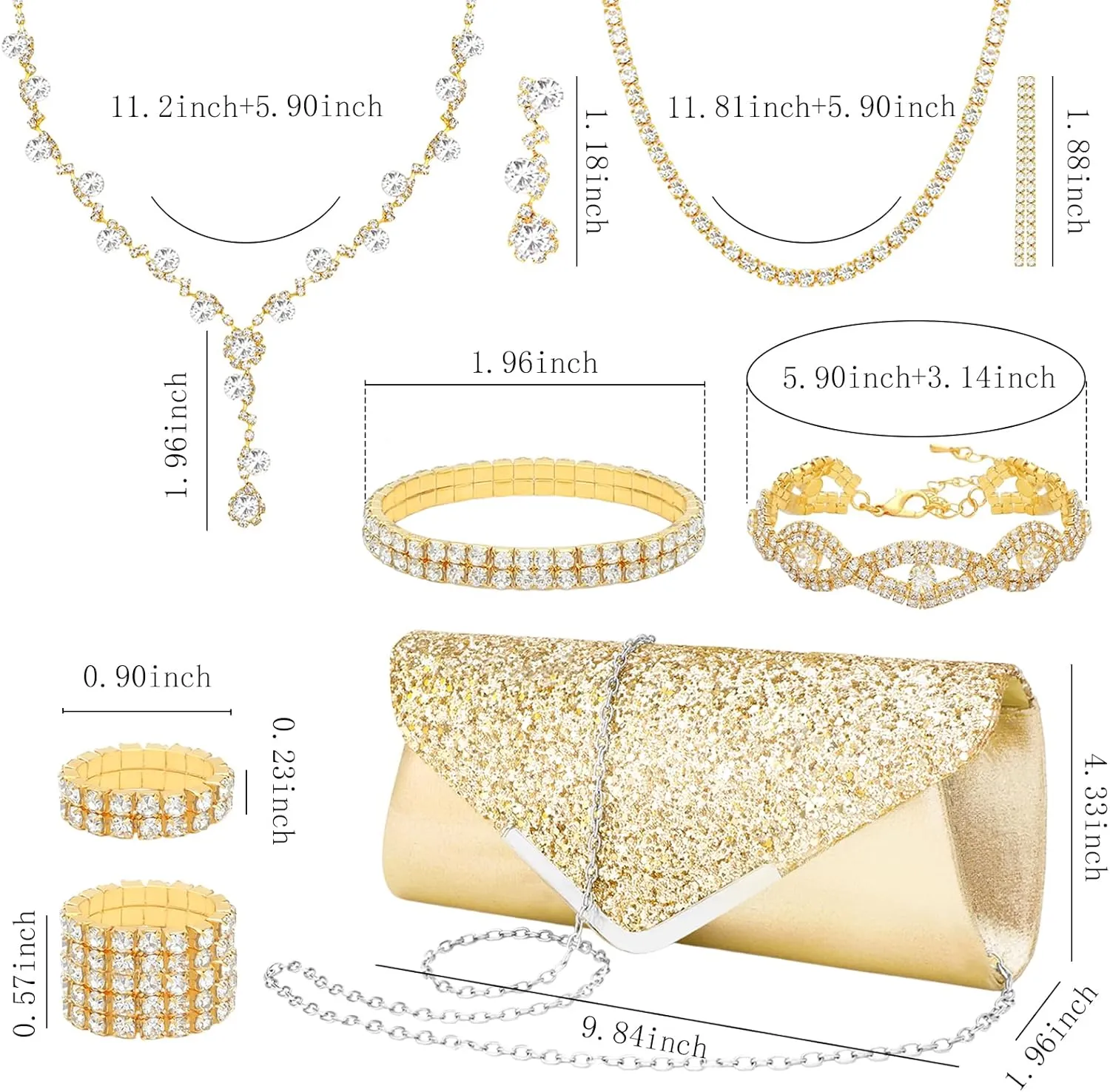 NEWITIN 9 Pieces Purse Rhinestone Jewelry Set for Women Prom Jewels Crystal Clutch Purse Necklaces Rings Bracelets Earrings Gold Jewelry Set for Women Bride