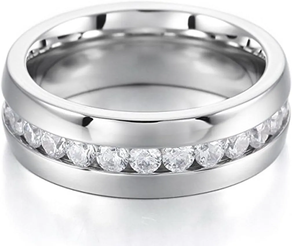 NL19 Mens Womens 6MM Titanium Stainless Steel High Polished 18K Gold Plated Channel Set Cubic Zirconia CZ Promise Engagement Band Unisex Gold Wedding Ring Comfort Fit, Size 6-14