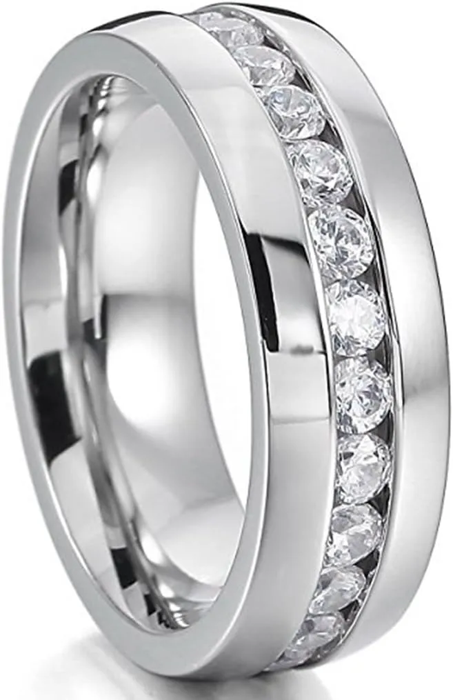 NL19 Mens Womens 6MM Titanium Stainless Steel High Polished 18K Gold Plated Channel Set Cubic Zirconia CZ Promise Engagement Band Unisex Gold Wedding Ring Comfort Fit, Size 6-14