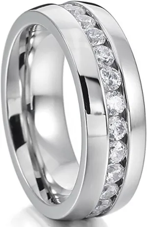 NL19 Mens Womens 6MM Titanium Stainless Steel High Polished 18K Gold Plated Channel Set Cubic Zirconia CZ Promise Engagement Band Unisex Gold Wedding Ring Comfort Fit, Size 6-14
