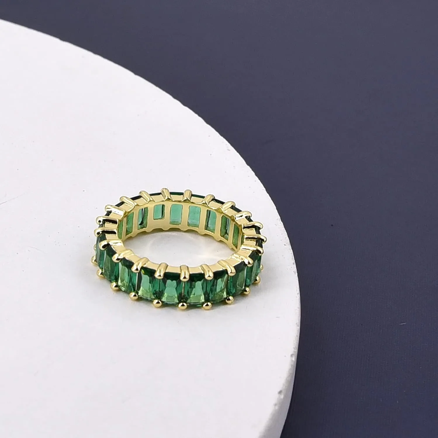 Nossa Green Emerald Band (5 Carat) 18K Gold Plated Claw Prong | Rectangle Emerald Cut Eternity Band CZ Ring