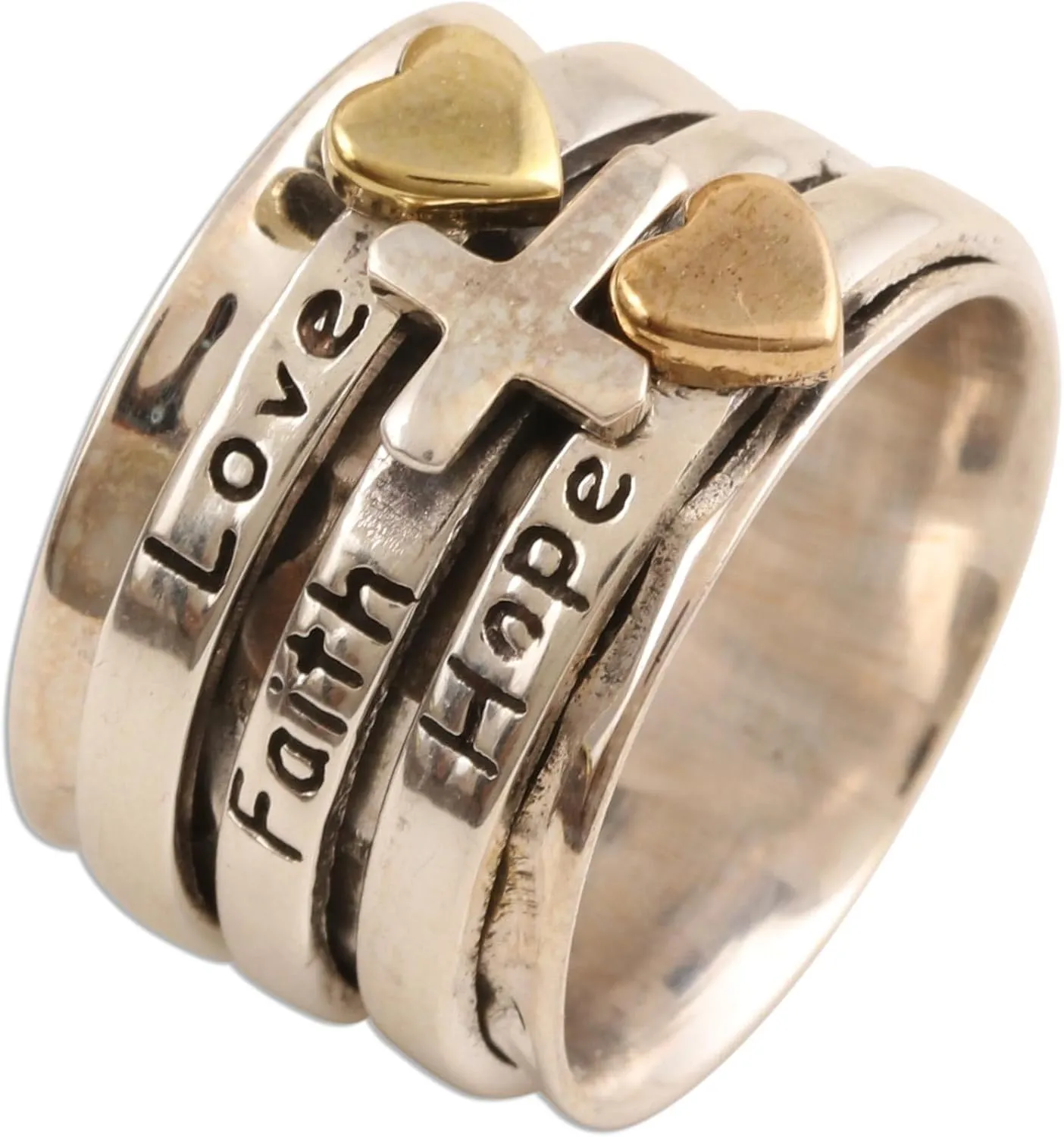 NOVICA Artisan Handmade .925 Sterling Silver Meditation Spinner Ring Love Faith Hope Brass India Spiritual Religious Christian Inspirational 'Spiritual Gifts'