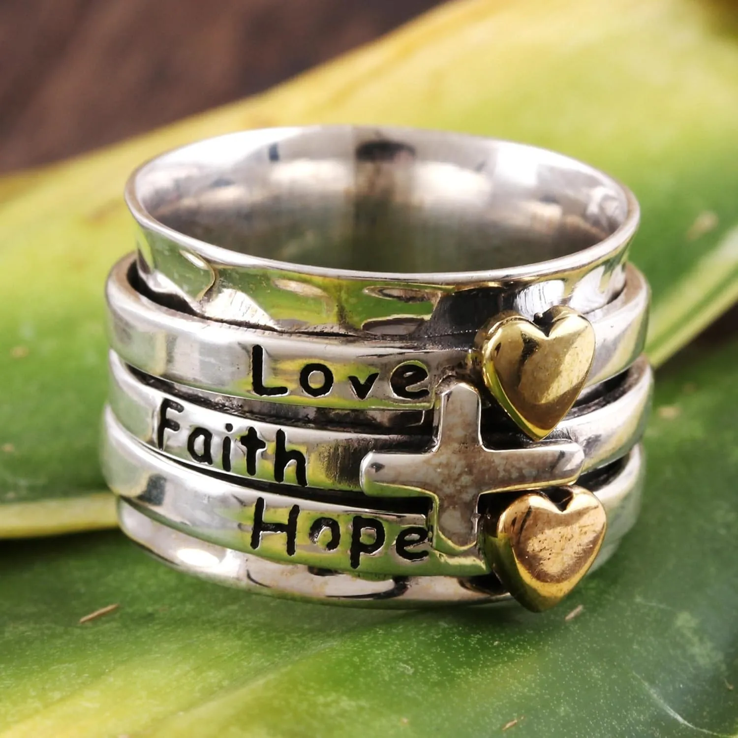 NOVICA Artisan Handmade .925 Sterling Silver Meditation Spinner Ring Love Faith Hope Brass India Spiritual Religious Christian Inspirational 'Spiritual Gifts'
