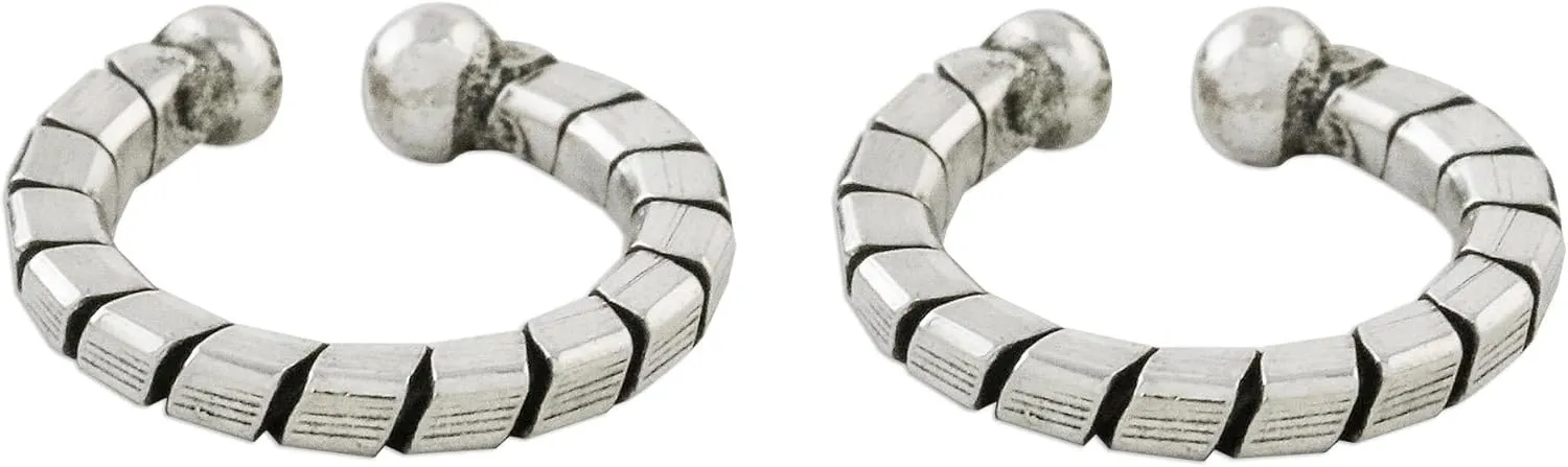 NOVICA Artisan Handmade Sterling Silver Ear Cuffs Crafted Thai Earrings Pair No Stone Thailand [0.5 in Diam. 0.1 in W] ' Modern Link' Pair