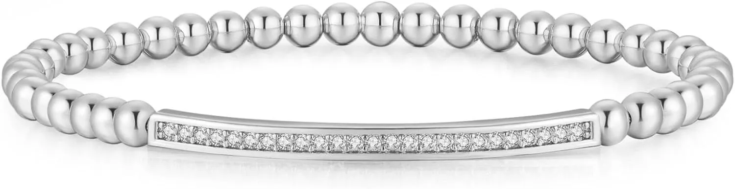 NUZON 4MM Gold Beaded Chain Bracelet for Women Dainty 18K Gold Plated CZ Curved Bar Bracelet Stretch/Lobster Clasp 2 Options