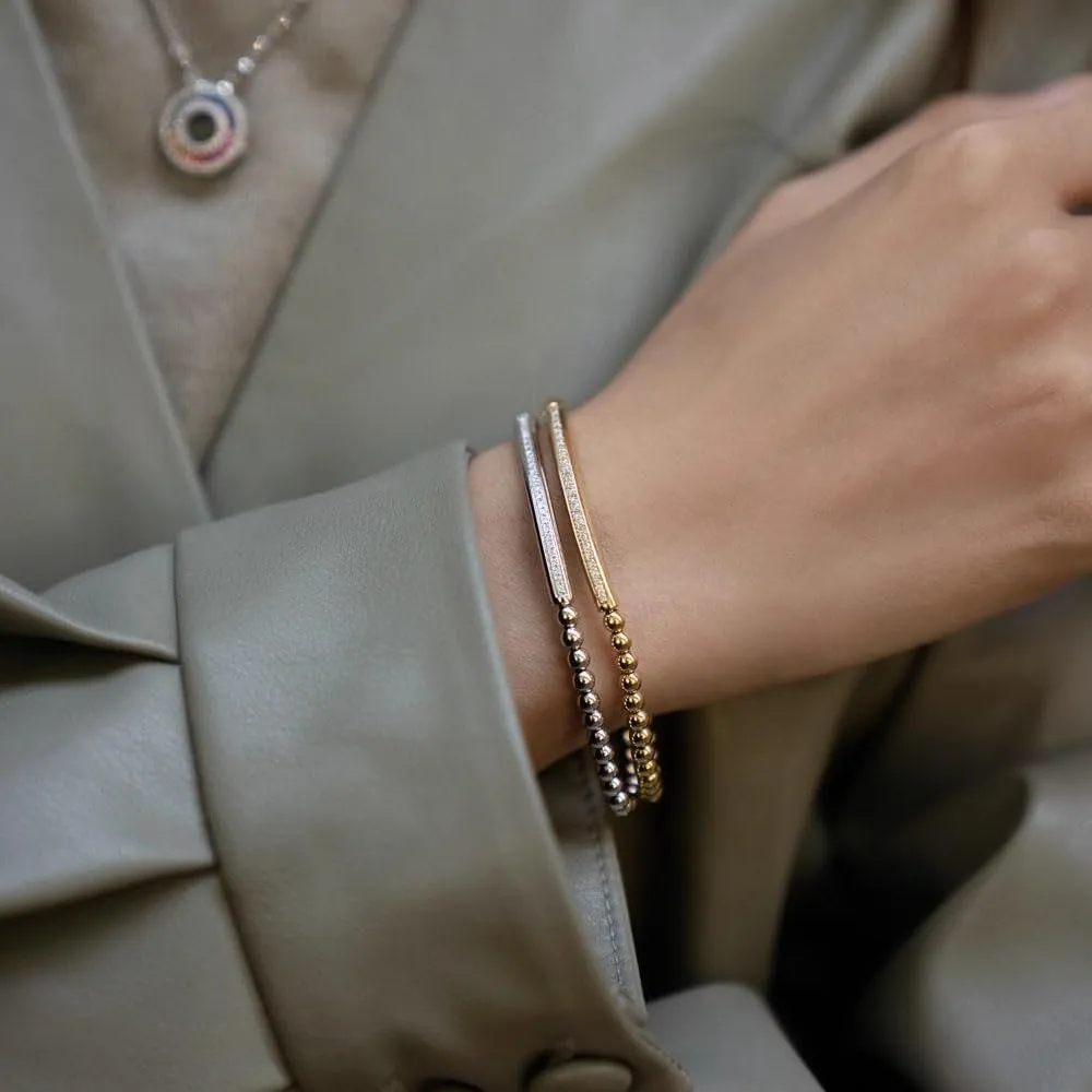 NUZON 4MM Gold Beaded Chain Bracelet for Women Dainty 18K Gold Plated CZ Curved Bar Bracelet Stretch/Lobster Clasp 2 Options