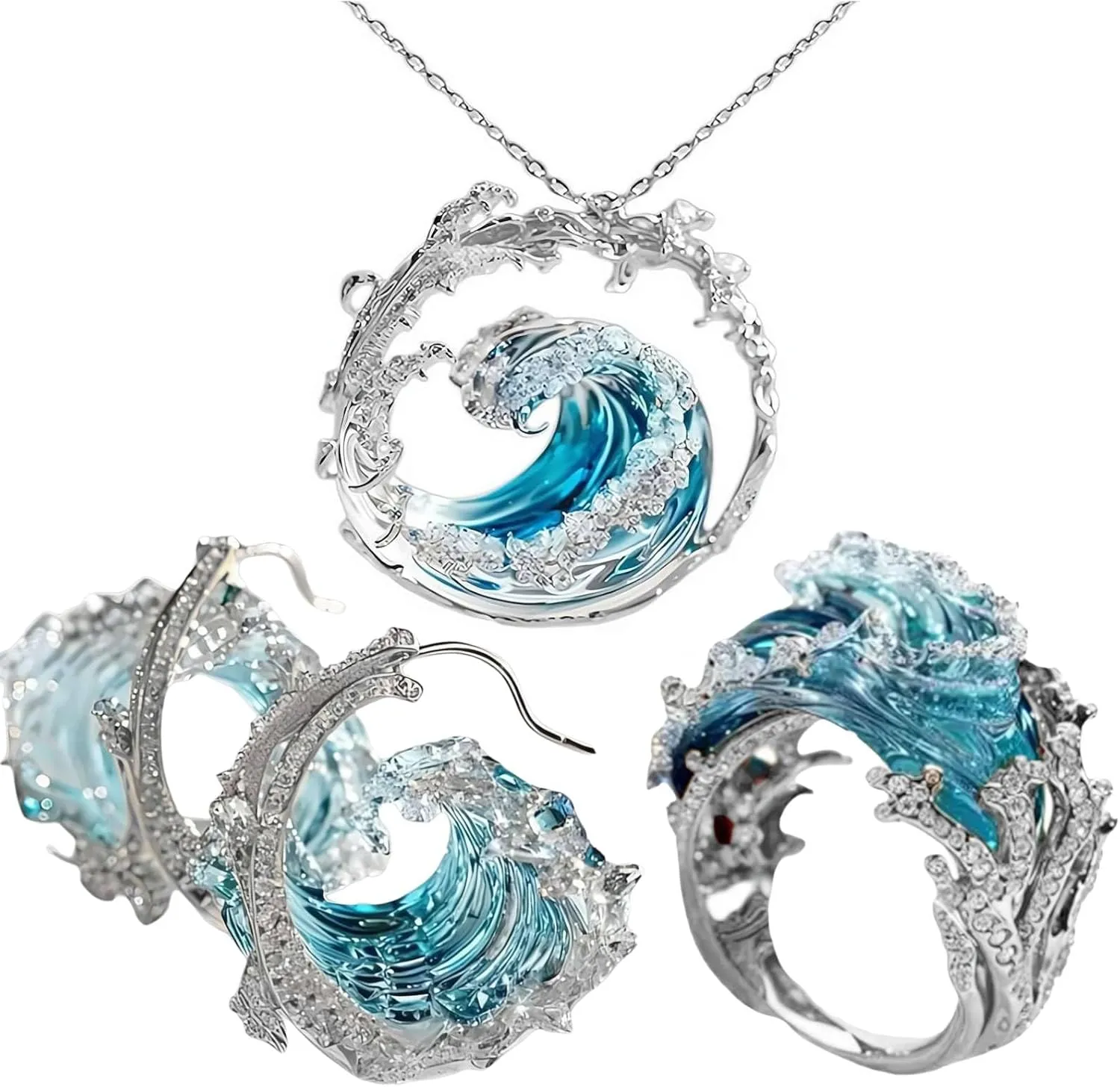 Ocean's Oath Jewelry Set, Wear The Waves, Adjustable Ocean Rings, Necklace, Earring, Wave Necklace for Women, Marine Theme Jewelry Packs, Womens Jewelry Set, Gifts for Women