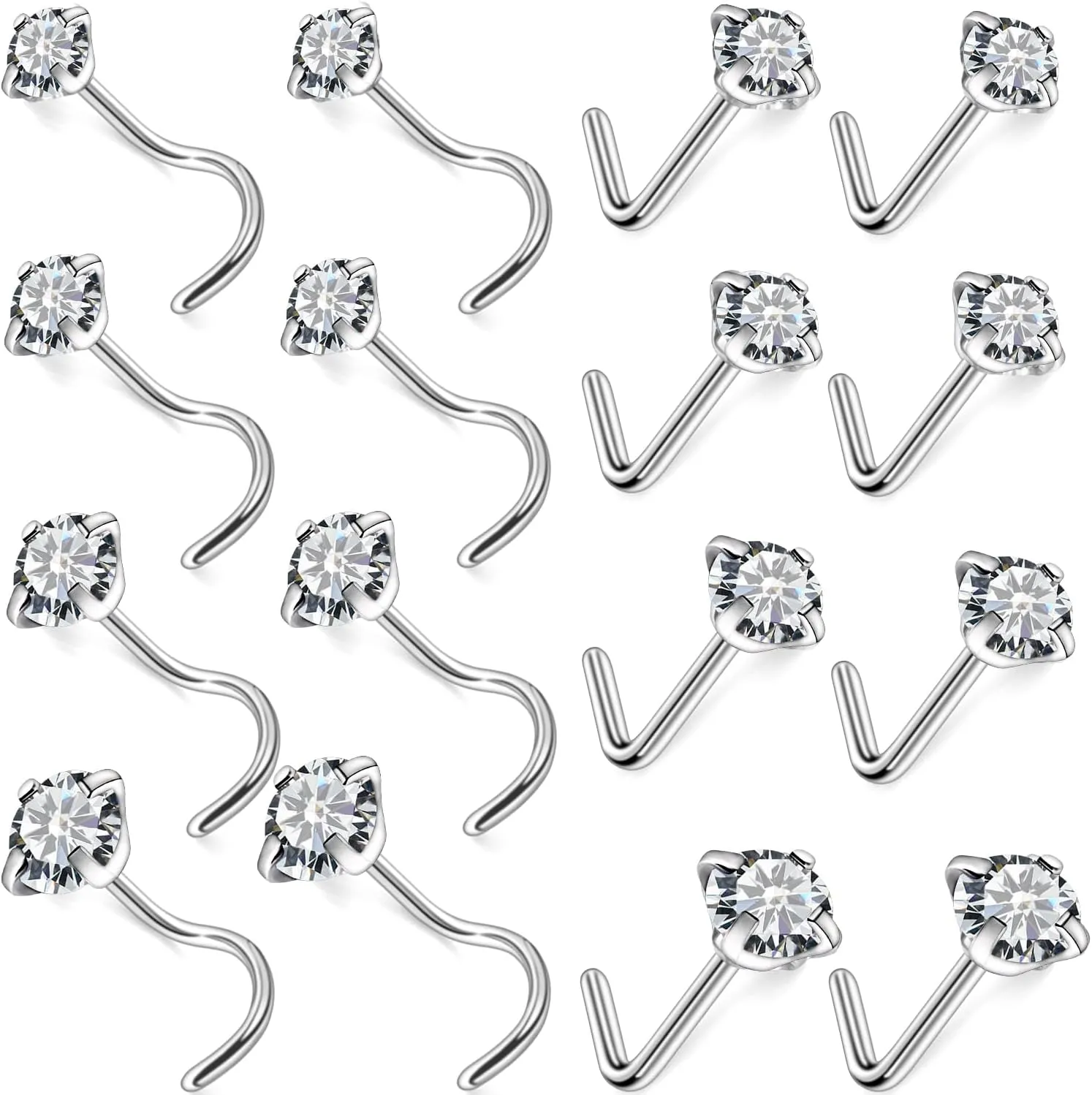 Ocptiy 18G 20G 22G Nose Rings Studs Hypoallergenic Surgical Steel Screw L Shaped Diamond Nose Studs Silver Nose Nostril Piercing Jewelry for Women Men AAA  CZ 1.5mm 2mm 2.5mm 3mm