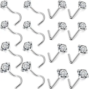 Ocptiy 18G 20G 22G Nose Rings Studs Hypoallergenic Surgical Steel Screw L Shaped Diamond Nose Studs Silver Nose Nostril Piercing Jewelry for Women Men AAA  CZ 1.5mm 2mm 2.5mm 3mm