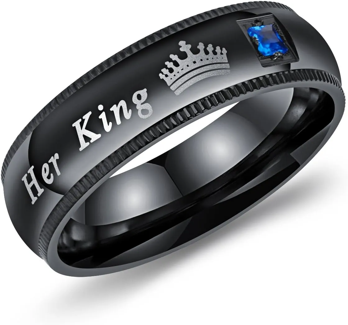OIDEA Stainless Steel His Queen Her King Crown Ring Bands for Couples Wedding Ring Bands,Black,Size 4 to 13