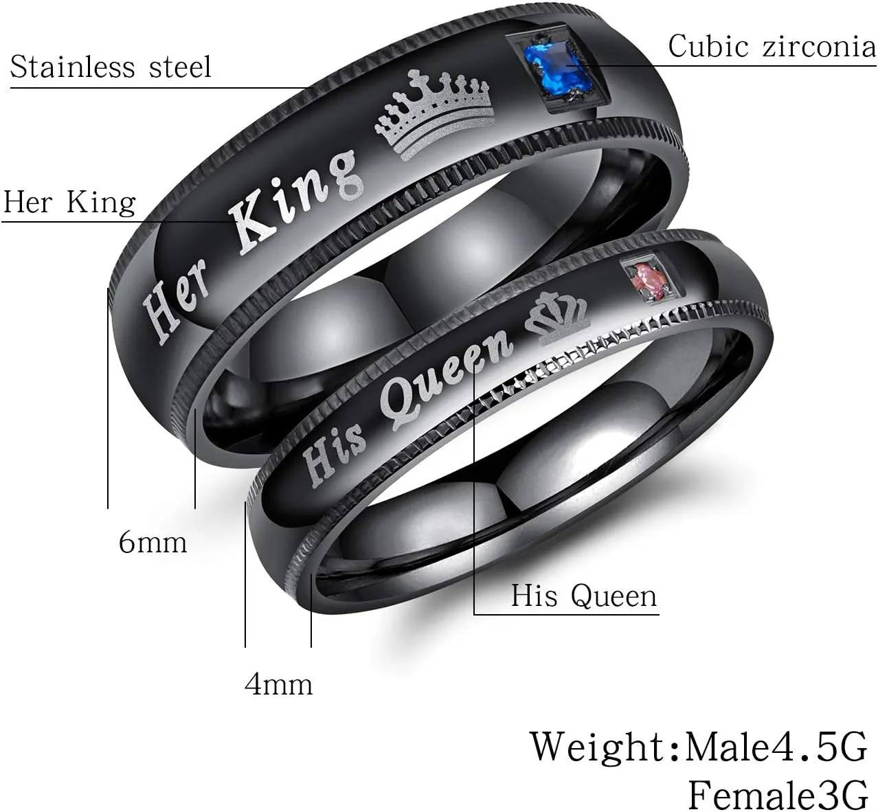 OIDEA Stainless Steel His Queen Her King Crown Ring Bands for Couples Wedding Ring Bands,Black,Size 4 to 13