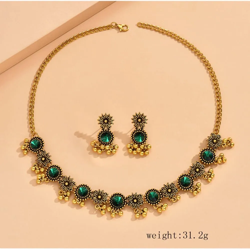OIDIMS Vintage Daisy Jewellery Set Tassel Dangling Beaded Ball Austrian Crystal Earring Necklace Ethnic Bollywood Choker Necklace Drop Earrings Bridal Wedding Party Prom Wear Fashion Gift for Women