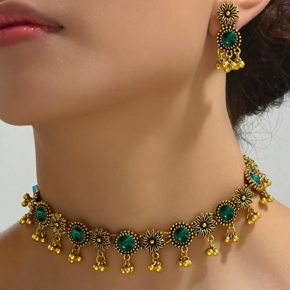 OIDIMS Vintage Daisy Jewellery Set Tassel Dangling Beaded Ball Austrian Crystal Earring Necklace Ethnic Bollywood Choker Necklace Drop Earrings Bridal Wedding Party Prom Wear Fashion Gift for Women
