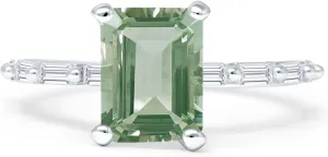 OMRANII Art Deco Emerald Cut Natural Green Amethyst Prasiolite Solitaire Vintage Style Sparkling Baguette Wedding Engagement Ring Solid 925 Sterling Silver