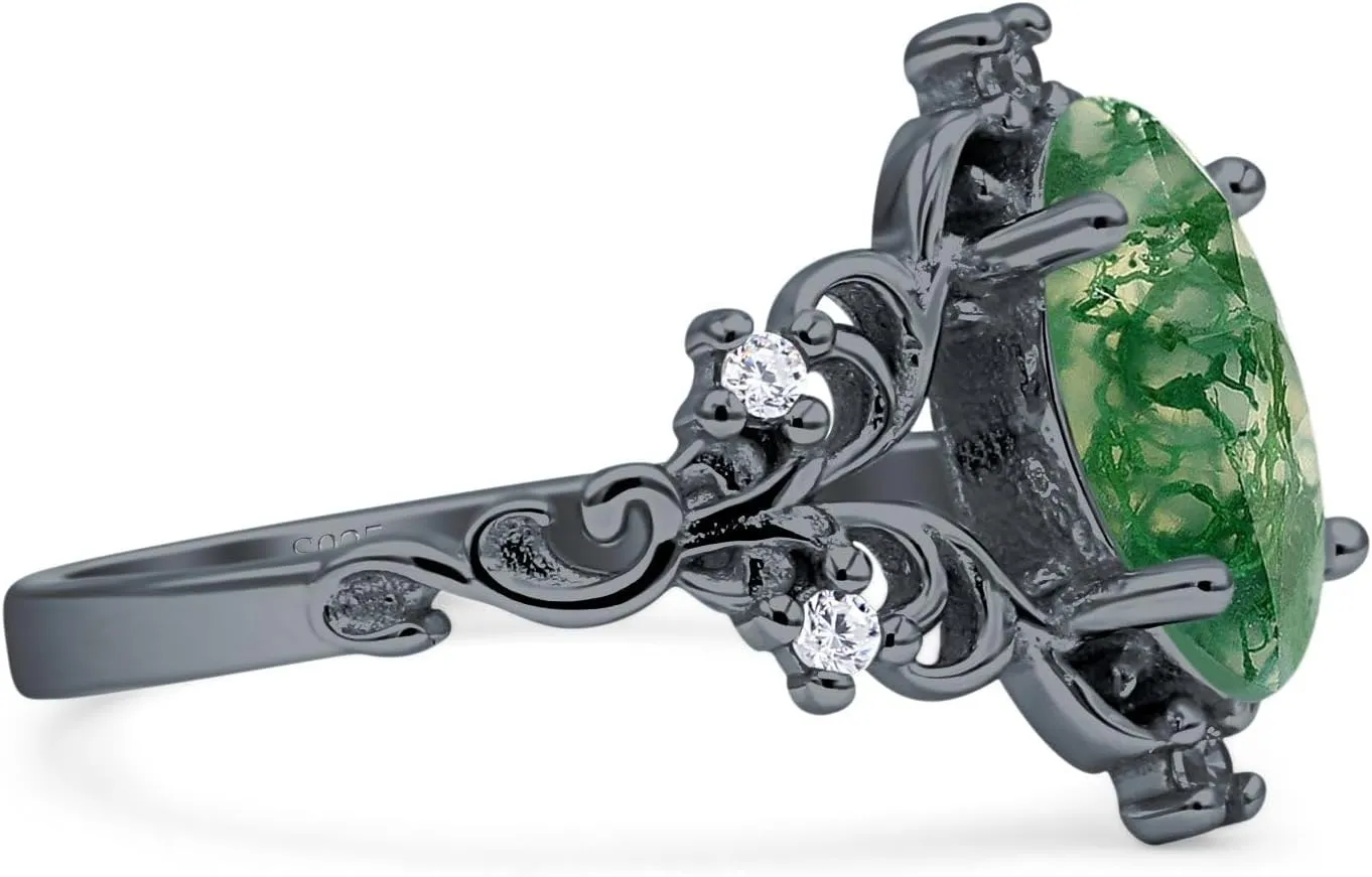 OMRANII Art Deco Marquise Natural Green Moss Agate Filigree Floral Designer Vintage Style Wedding Engagement Ring Solid 925 Sterling Silver