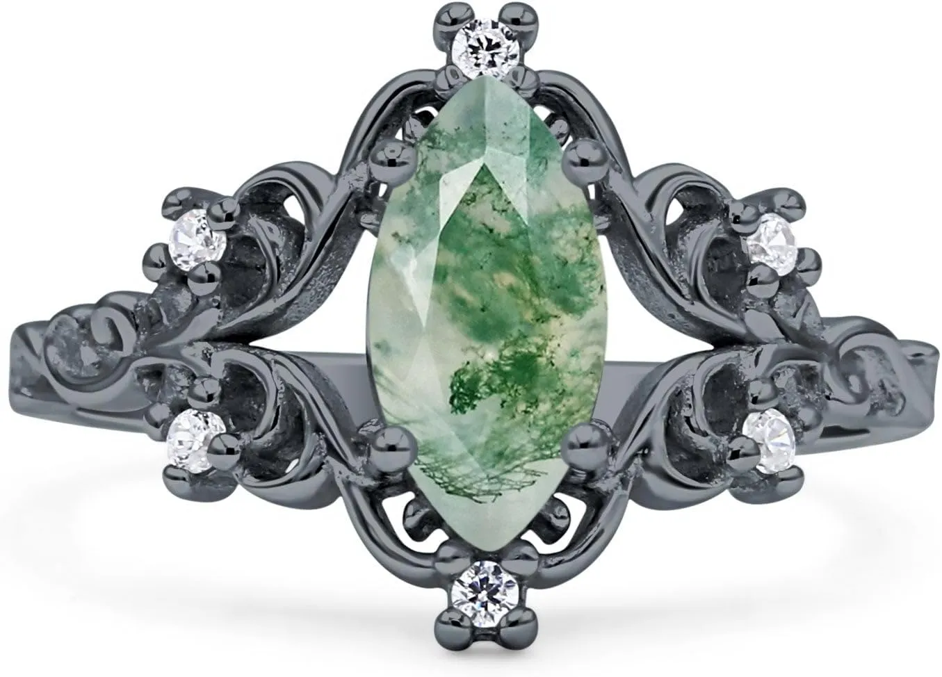 OMRANII Art Deco Marquise Natural Green Moss Agate Filigree Floral Designer Vintage Style Wedding Engagement Ring Solid 925 Sterling Silver