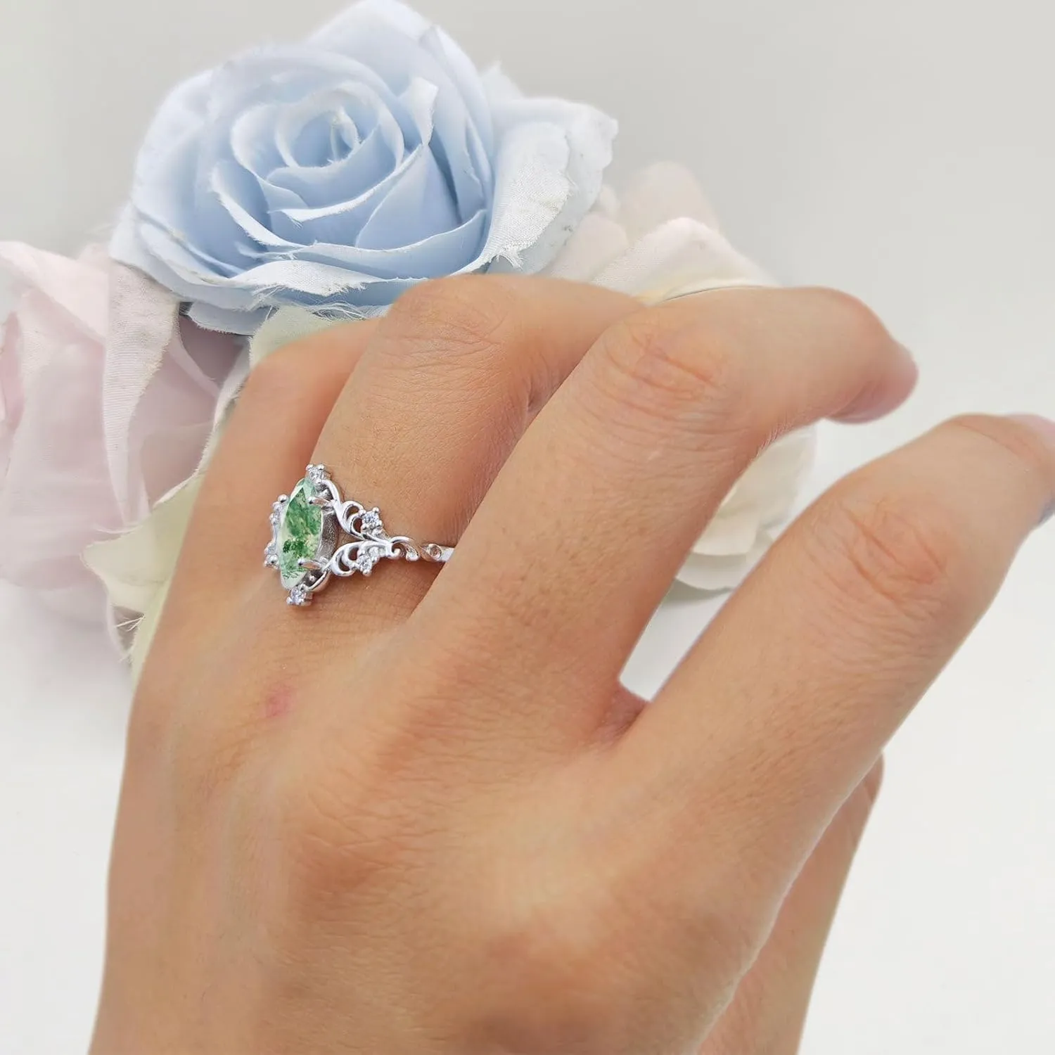 OMRANII Art Deco Marquise Natural Green Moss Agate Filigree Floral Designer Vintage Style Wedding Engagement Ring Solid 925 Sterling Silver
