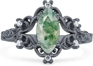 OMRANII Art Deco Marquise Natural Green Moss Agate Filigree Floral Designer Vintage Style Wedding Engagement Ring Solid 925 Sterling Silver