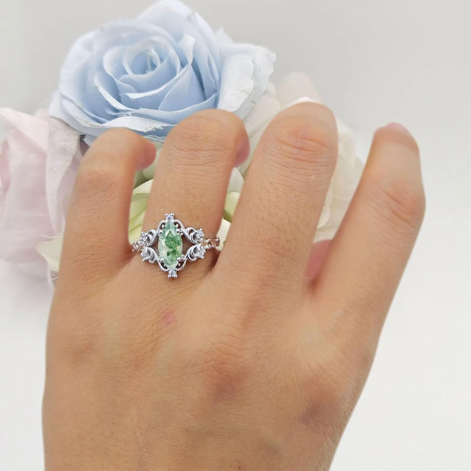OMRANII Art Deco Marquise Natural Green Moss Agate Filigree Floral Designer Vintage Style Wedding Engagement Ring Solid 925 Sterling Silver