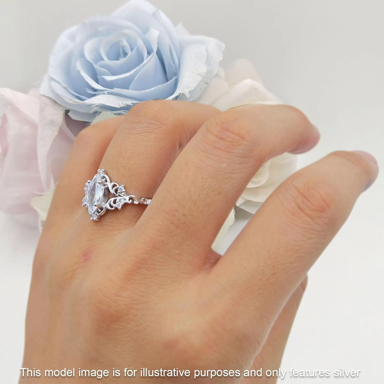 OMRANII Art Deco Marquise Shaped Floral Designer Vintage Style Cubic Zirconia Wedding Engagement Ring Solid 925 Sterling Silver