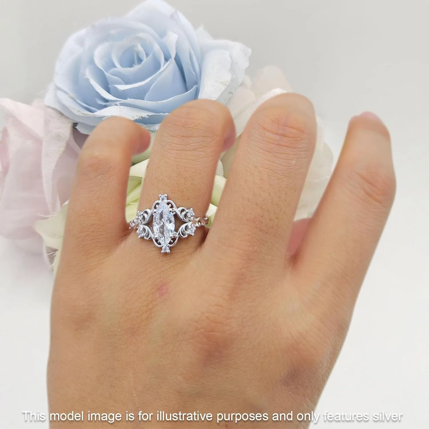 OMRANII Art Deco Marquise Shaped Floral Designer Vintage Style Cubic Zirconia Wedding Engagement Ring Solid 925 Sterling Silver