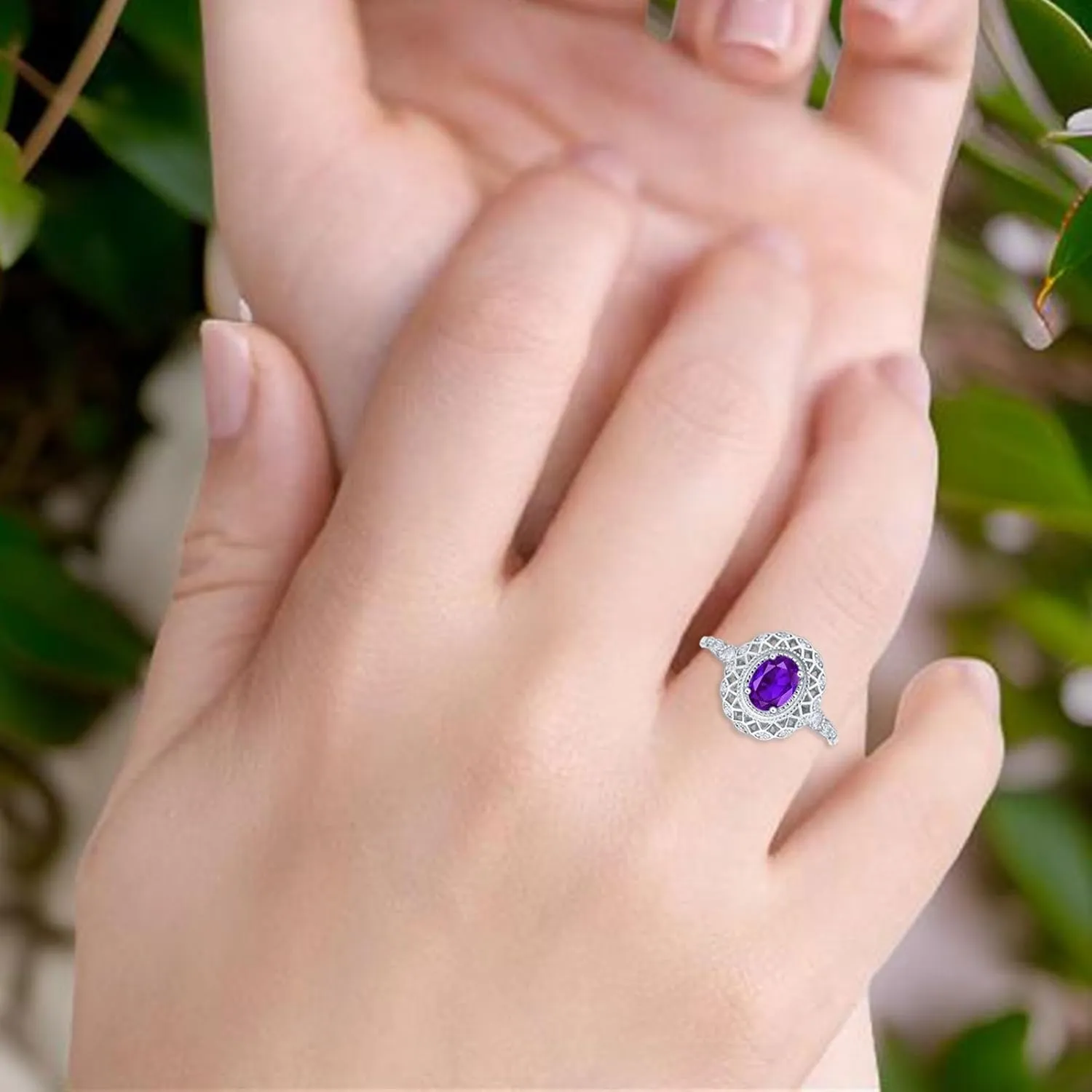 OMRANII Art Deco Oval Natural Amethyst Beaded Cocktail Ring Vintage Style CZ Wedding Engagement Rings For Women 925 Sterling Silver Gifts For Her