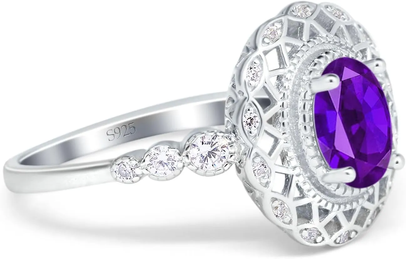 OMRANII Art Deco Oval Natural Amethyst Beaded Cocktail Ring Vintage Style CZ Wedding Engagement Rings For Women 925 Sterling Silver Gifts For Her