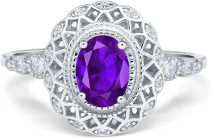 OMRANII Art Deco Oval Natural Amethyst Beaded Cocktail Ring Vintage Style CZ Wedding Engagement Rings For Women 925 Sterling Silver Gifts For Her