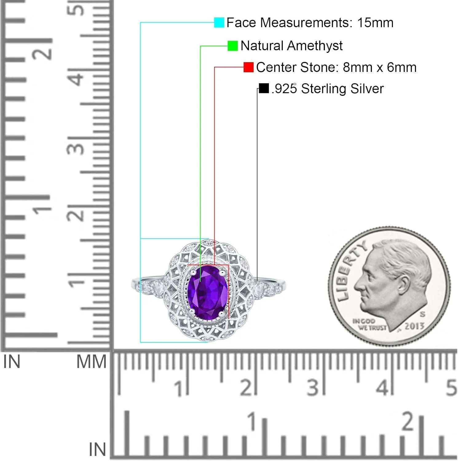 OMRANII Art Deco Oval Natural Amethyst Beaded Cocktail Ring Vintage Style CZ Wedding Engagement Rings For Women 925 Sterling Silver Gifts For Her