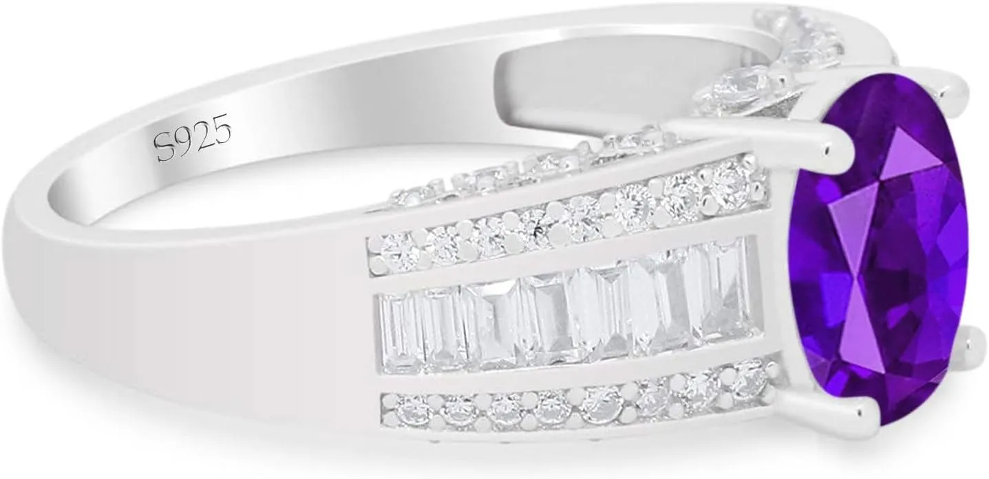 OMRANII Art Deco Oval Natural Amethyst Vintage Style Baguette CZ Cocktail Wedding Engagement Rings For Women 925 Sterling Silver Gifts For Her