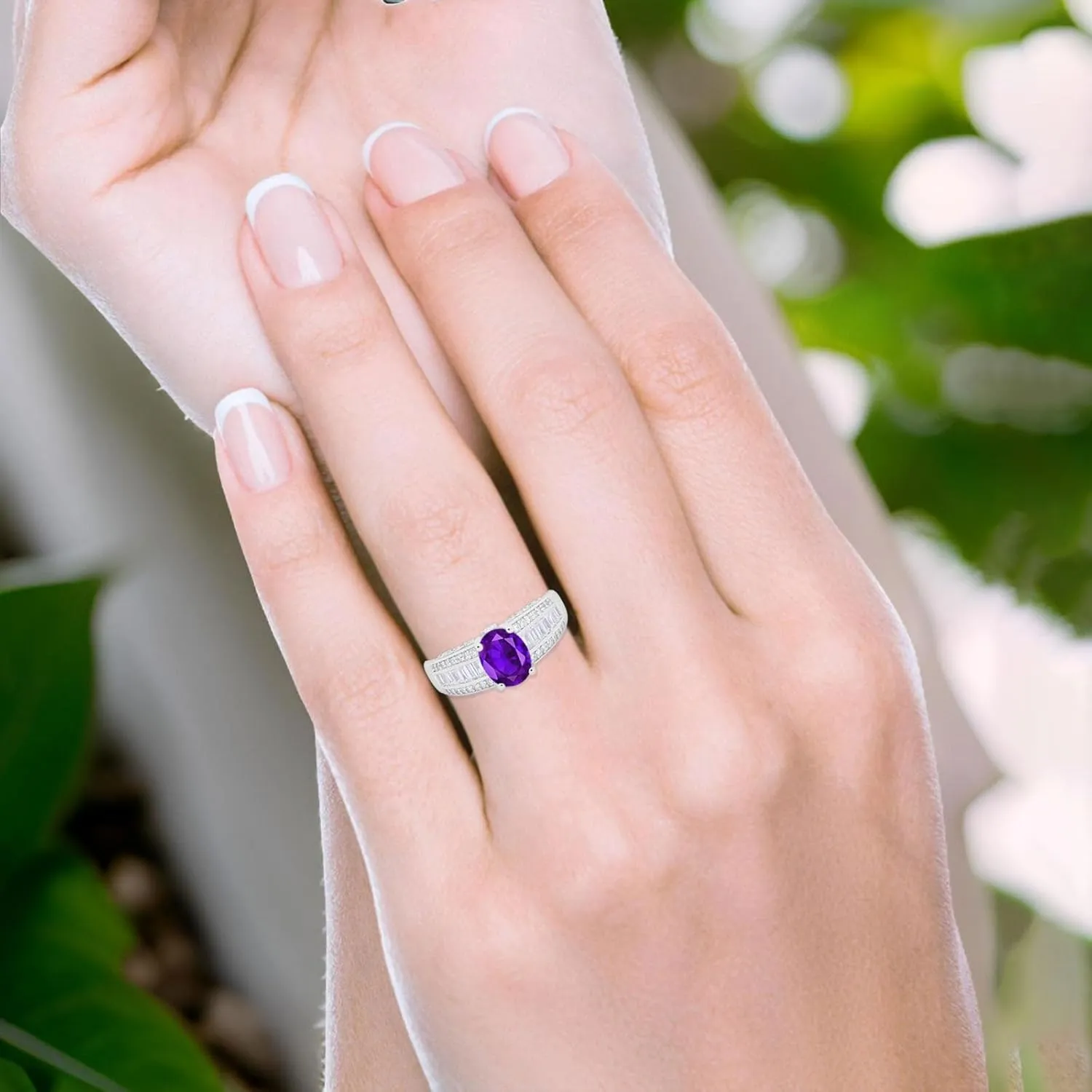 OMRANII Art Deco Oval Natural Amethyst Vintage Style Baguette CZ Cocktail Wedding Engagement Rings For Women 925 Sterling Silver Gifts For Her
