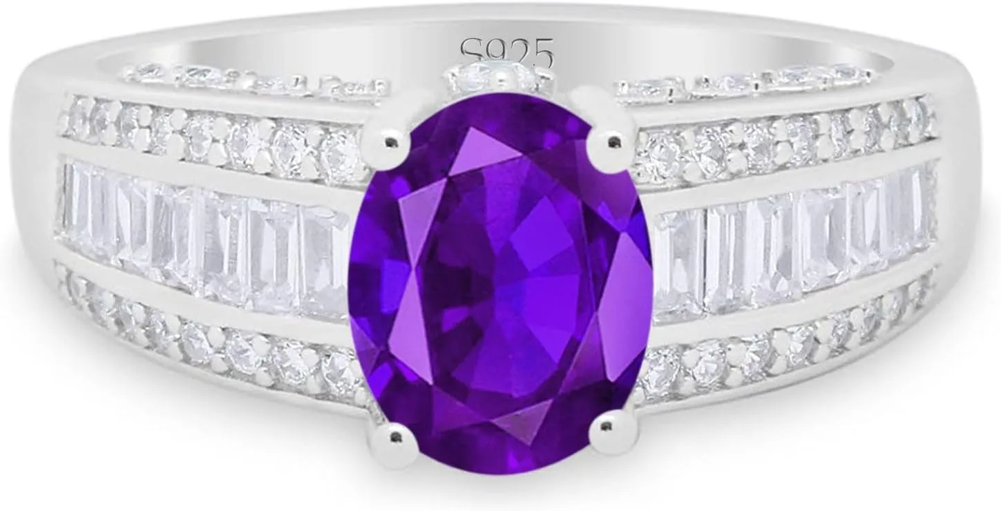 OMRANII Art Deco Oval Natural Amethyst Vintage Style Baguette CZ Cocktail Wedding Engagement Rings For Women 925 Sterling Silver Gifts For Her