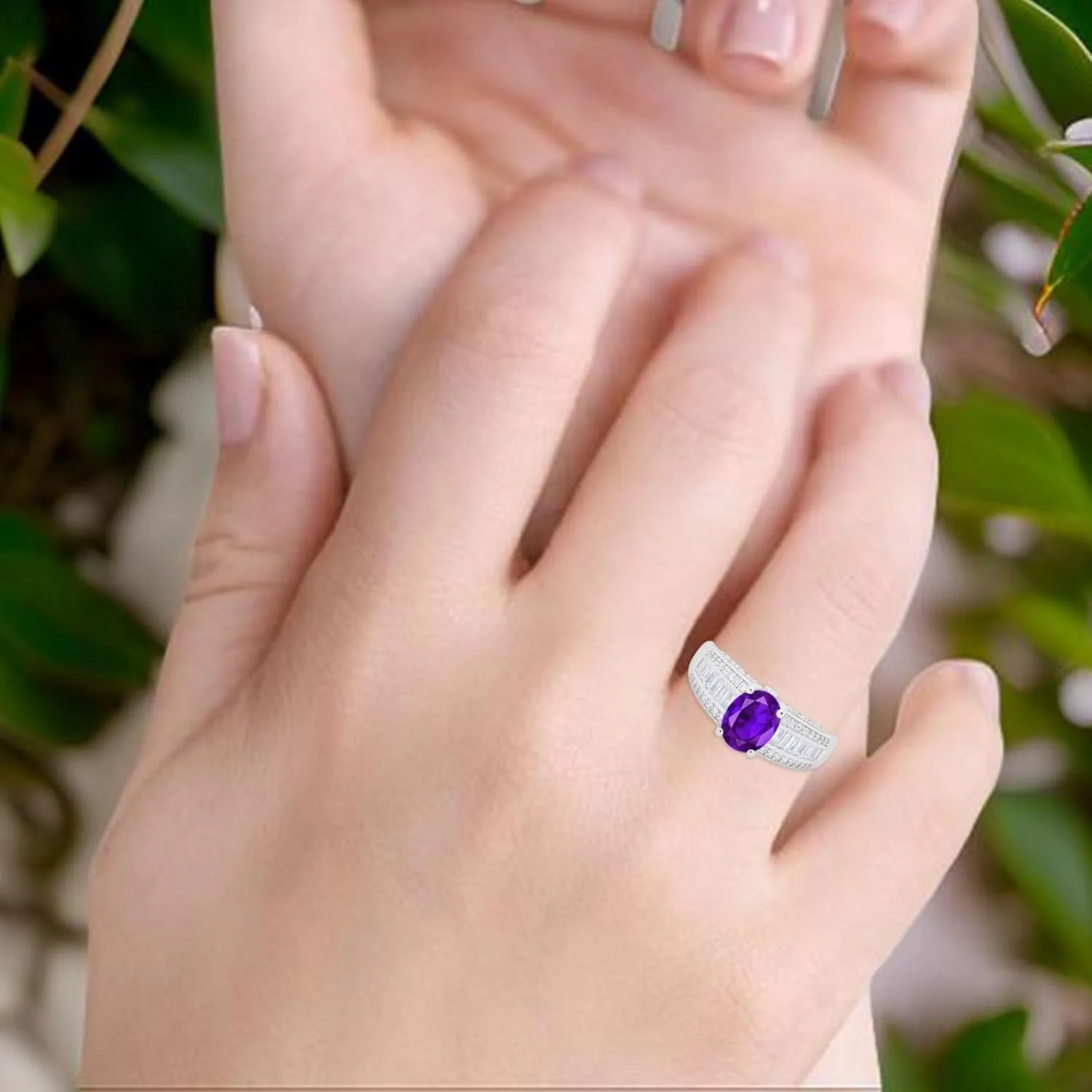 OMRANII Art Deco Oval Natural Amethyst Vintage Style Baguette CZ Cocktail Wedding Engagement Rings For Women 925 Sterling Silver Gifts For Her