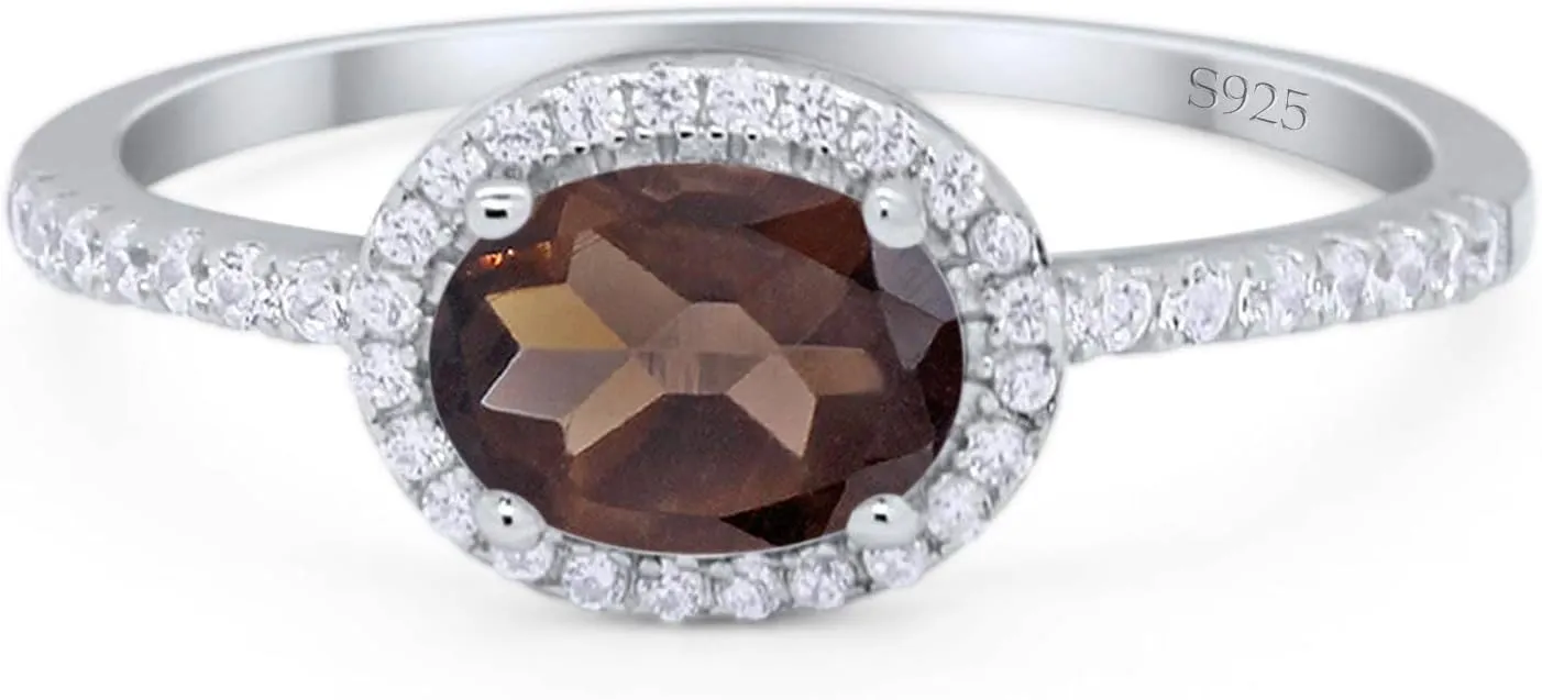 OMRANII Art Deco Oval Natural Chocolate Smoky Quartz Solitaire Vintage Style Halo CZ Wedding Engagement Rings For Women 925 Sterling Silver Gifts For Her