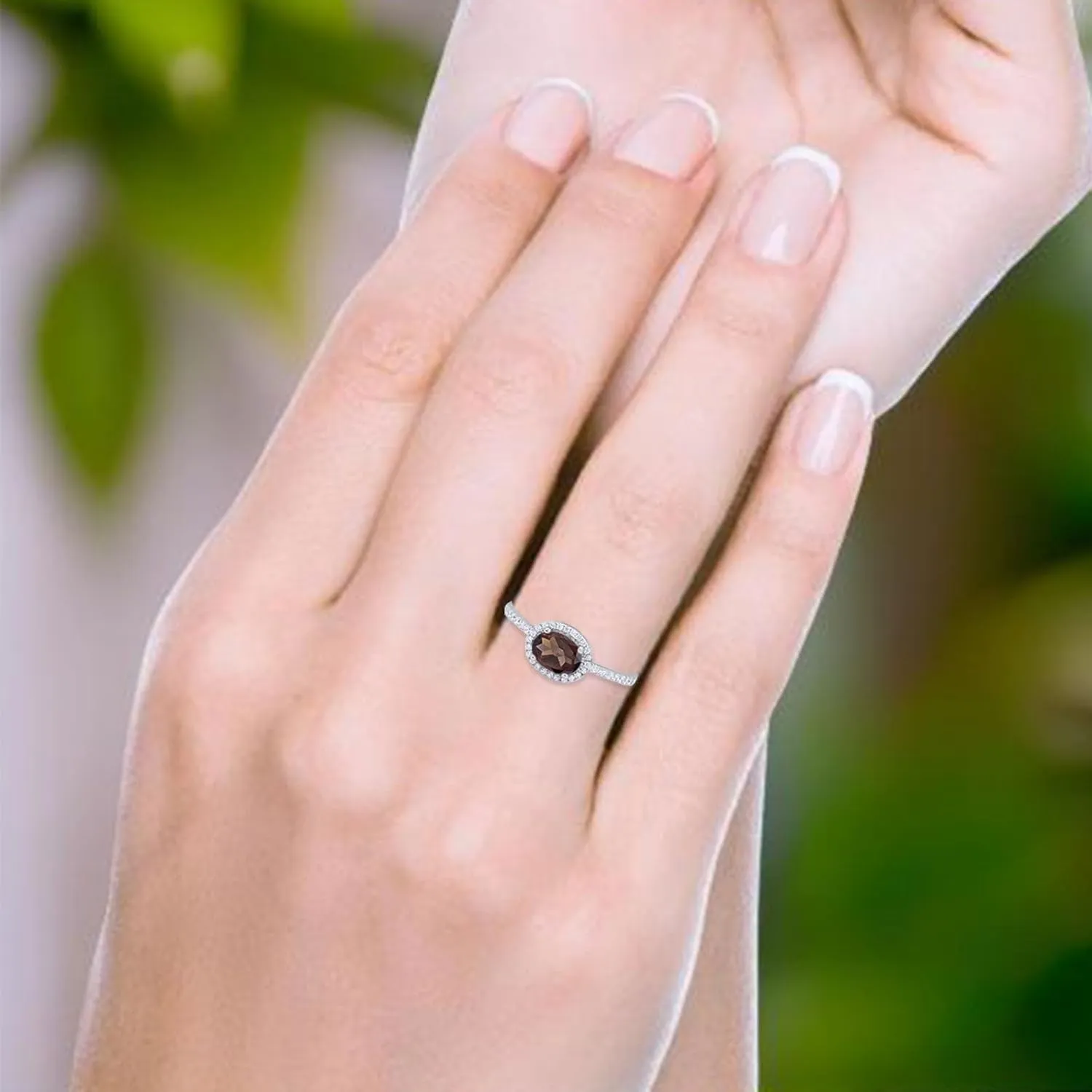 OMRANII Art Deco Oval Natural Chocolate Smoky Quartz Solitaire Vintage Style Halo CZ Wedding Engagement Rings For Women 925 Sterling Silver Gifts For Her