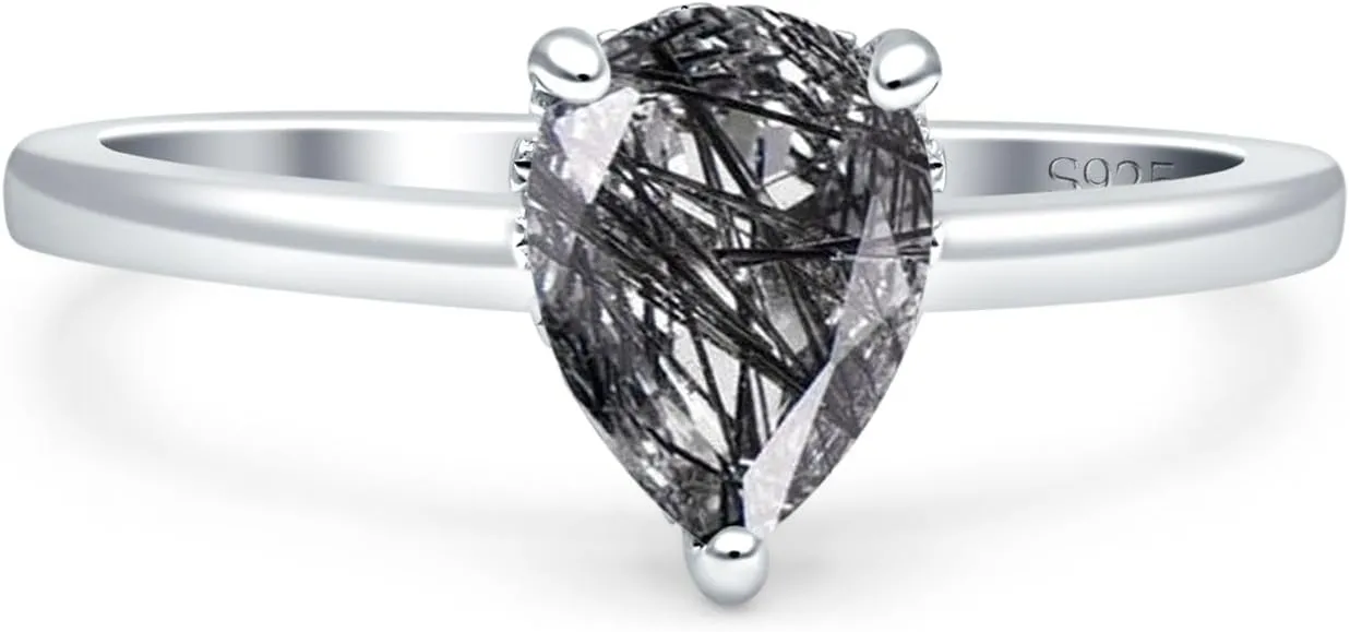 OMRANII Art Deco Pear Shape Natural Rutilated Quartz Vintage Style Hidden Halo Solitaire Engagement Ring Round Cubic Zirconia Stones 925 Sterling Silver