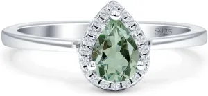 OMRANII Art Deco Pear Teardrop Natural Green Amethyst Prasiolite Halo Vintage Style Solitaire Wedding Engagement Ring 925 Sterling Silver