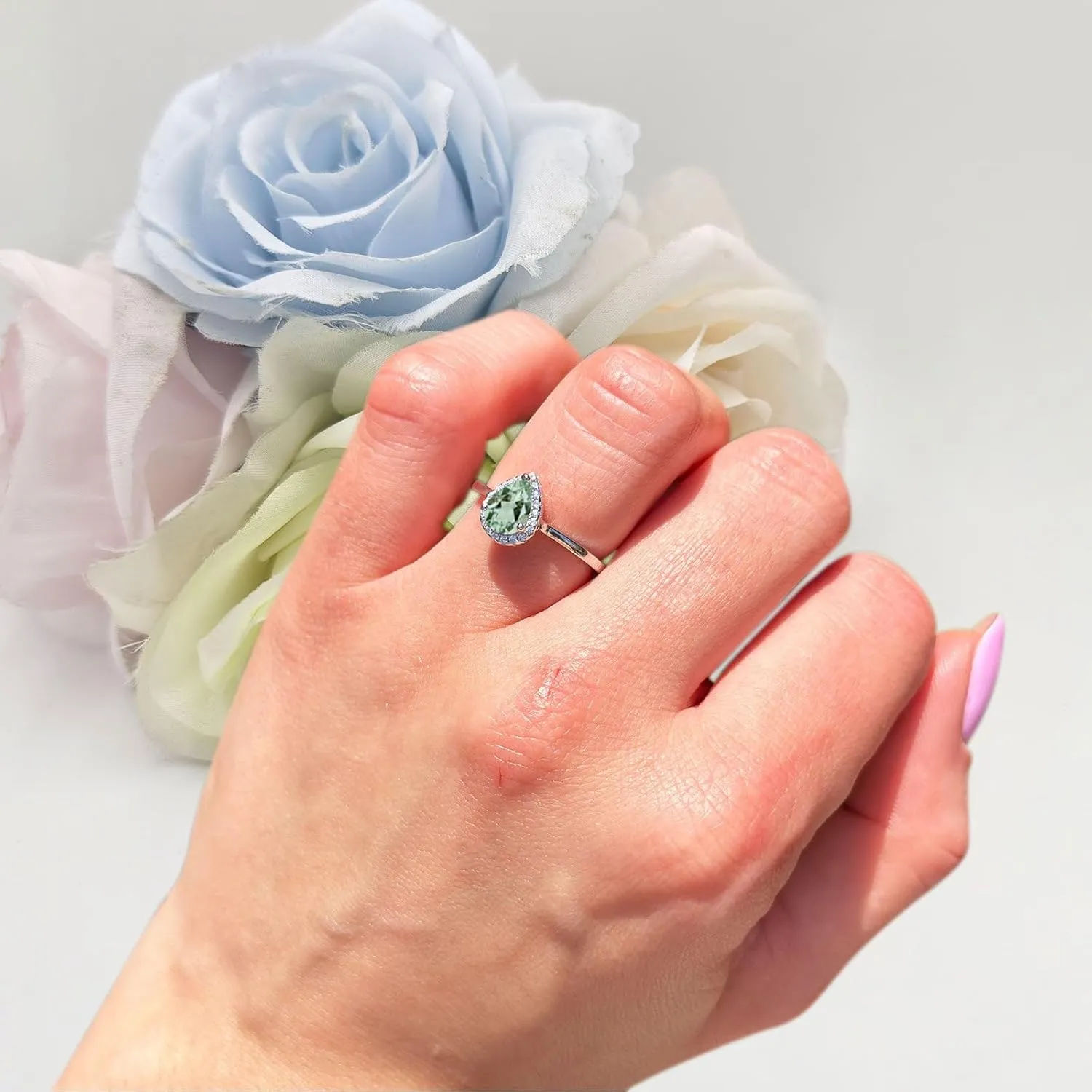 OMRANII Art Deco Pear Teardrop Natural Green Amethyst Prasiolite Halo Vintage Style Solitaire Wedding Engagement Ring 925 Sterling Silver