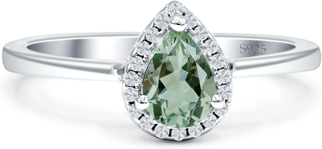 OMRANII Art Deco Pear Teardrop Natural Green Amethyst Prasiolite Halo Vintage Style Solitaire Wedding Engagement Ring 925 Sterling Silver