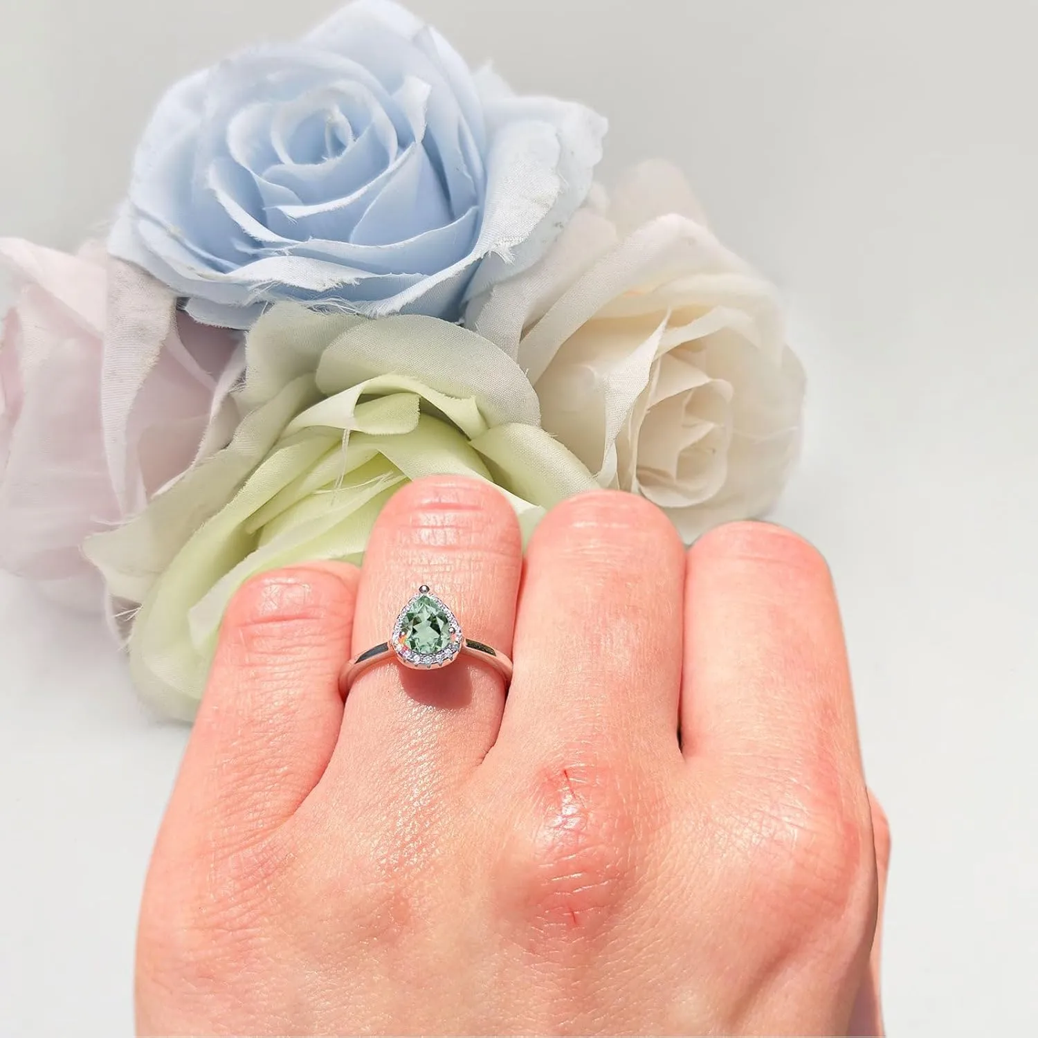 OMRANII Art Deco Pear Teardrop Natural Green Amethyst Prasiolite Halo Vintage Style Solitaire Wedding Engagement Ring 925 Sterling Silver