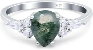 OMRANII Art Deco Ring Natural Green Moss Agate Pear Teardrop Vintage Style CZ Statement Wedding Engagement Rings For Women 925 Sterling Silver Gift For Her