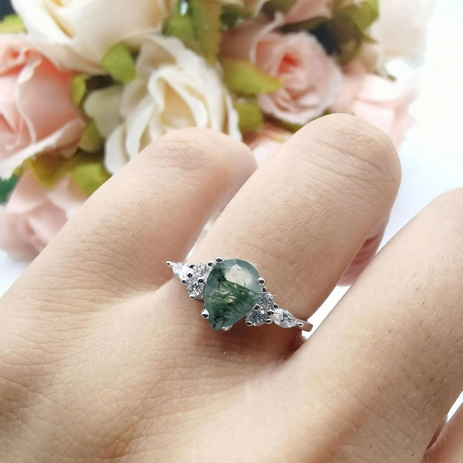 OMRANII Art Deco Ring Natural Green Moss Agate Pear Teardrop Vintage Style CZ Statement Wedding Engagement Rings For Women 925 Sterling Silver Gift For Her