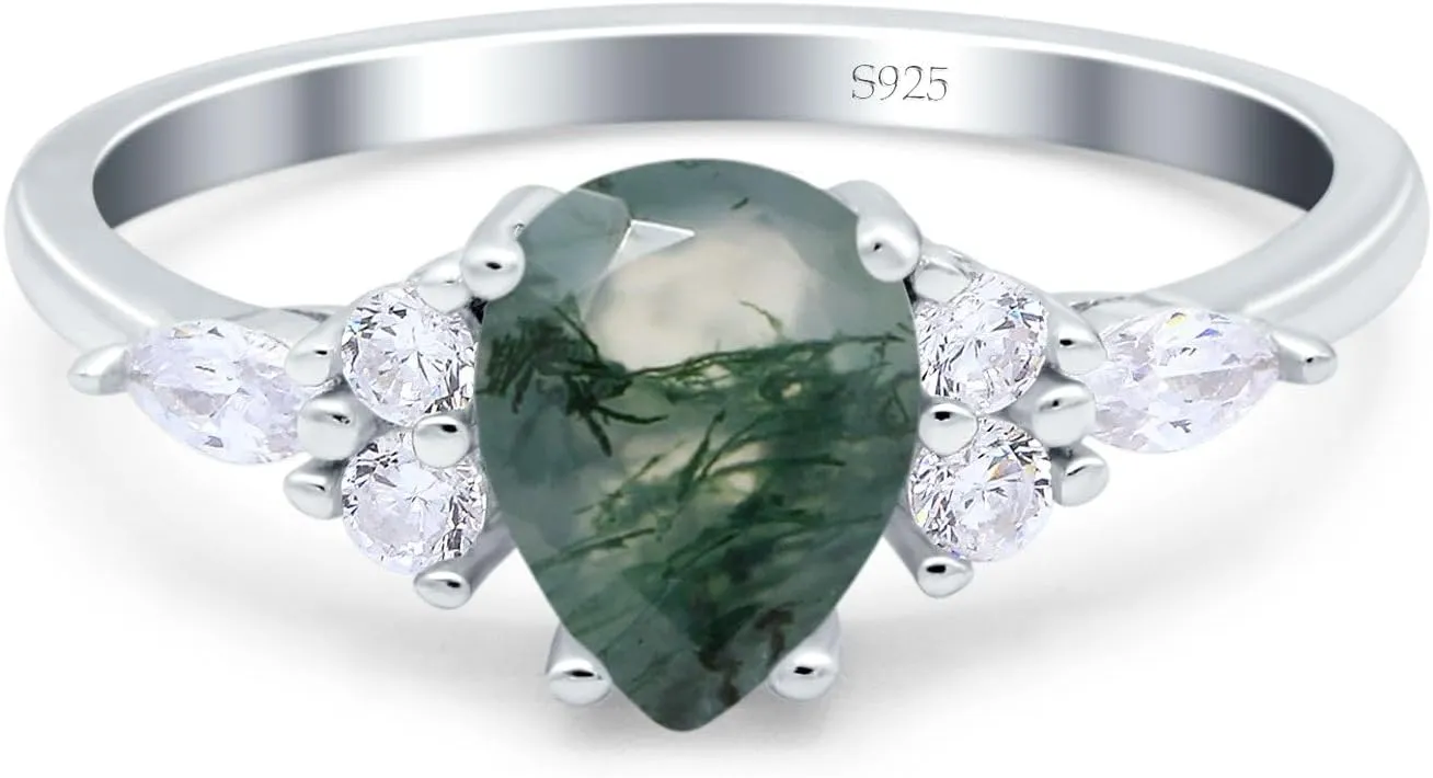 OMRANII Art Deco Ring Natural Green Moss Agate Pear Teardrop Vintage Style CZ Statement Wedding Engagement Rings For Women 925 Sterling Silver Gift For Her