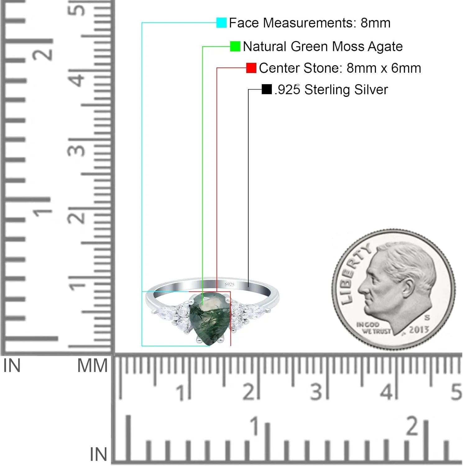 OMRANII Art Deco Ring Natural Green Moss Agate Pear Teardrop Vintage Style CZ Statement Wedding Engagement Rings For Women 925 Sterling Silver Gift For Her