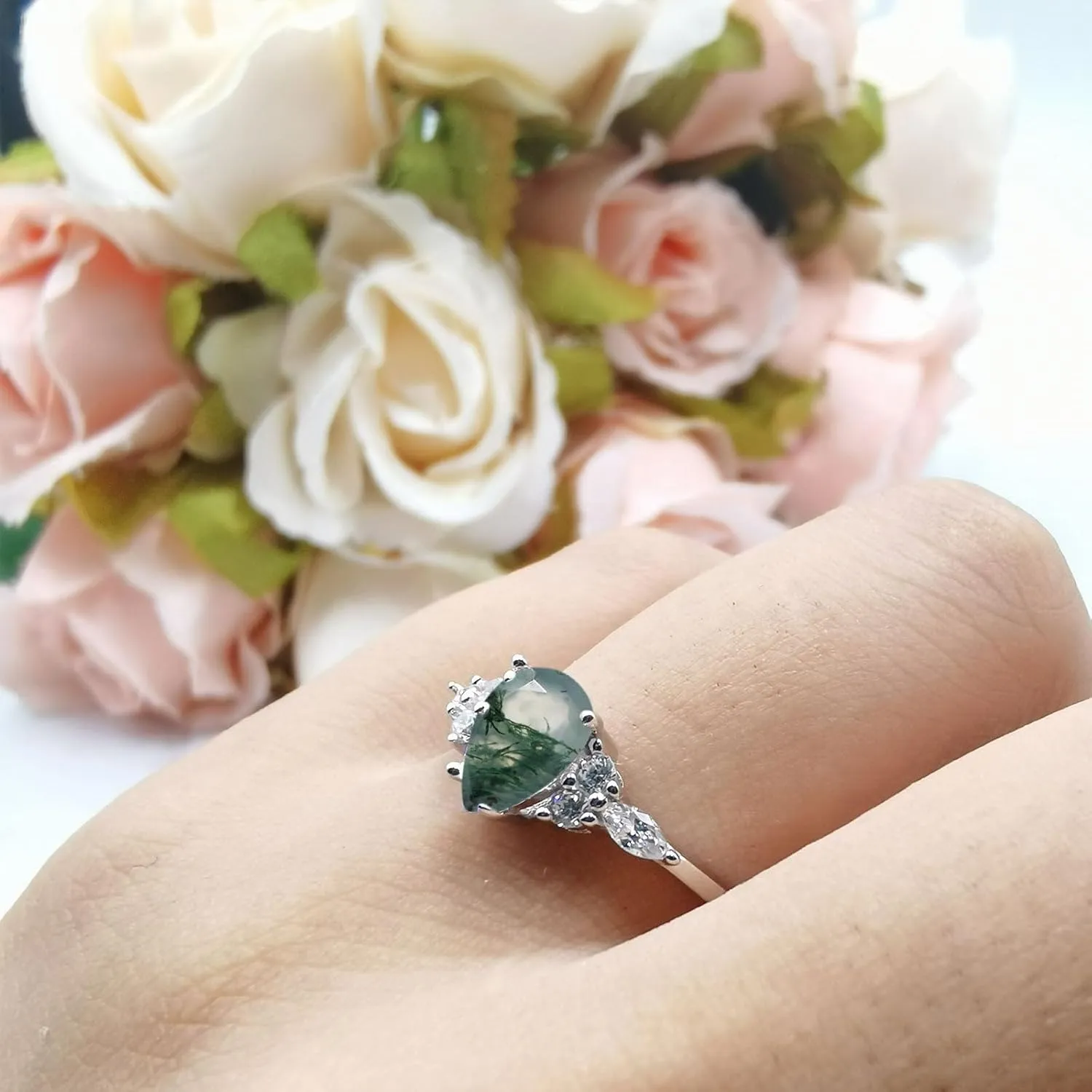 OMRANII Art Deco Ring Natural Green Moss Agate Pear Teardrop Vintage Style CZ Statement Wedding Engagement Rings For Women 925 Sterling Silver Gift For Her