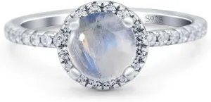OMRANII Art Deco Ring Round Natural Moonstone Sparkling Halo CZ Vintage Style Wedding Engagement Rings For Women 925 Sterling Silver Gifts For Her