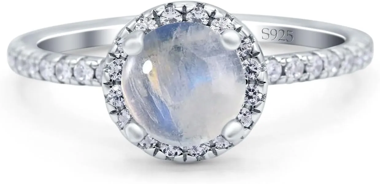 OMRANII Art Deco Ring Round Natural Moonstone Sparkling Halo CZ Vintage Style Wedding Engagement Rings For Women 925 Sterling Silver Gifts For Her