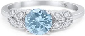 OMRANII Art Deco Round Natural Aquamarine Leaf Vintage Style CZ Wedding Engagement Floral Rings For Women 925 Sterling Silver Gifts For Her